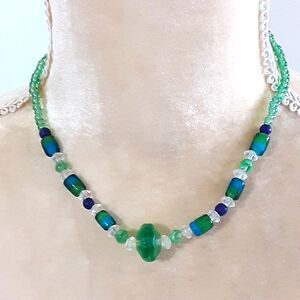 Handmade Blue Green Glass Beaded Necklace 14" Beachy Ocean Coastal Boho